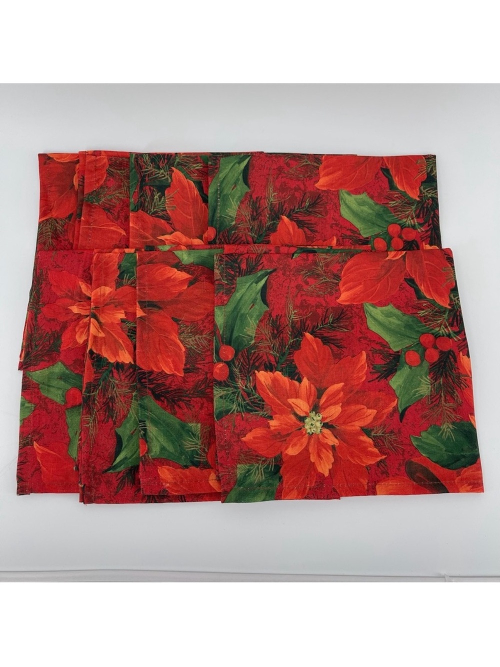 Set of 8 Cloth Poinsettia Holly Berry Holiday Dinner Napkins, 18"x18"